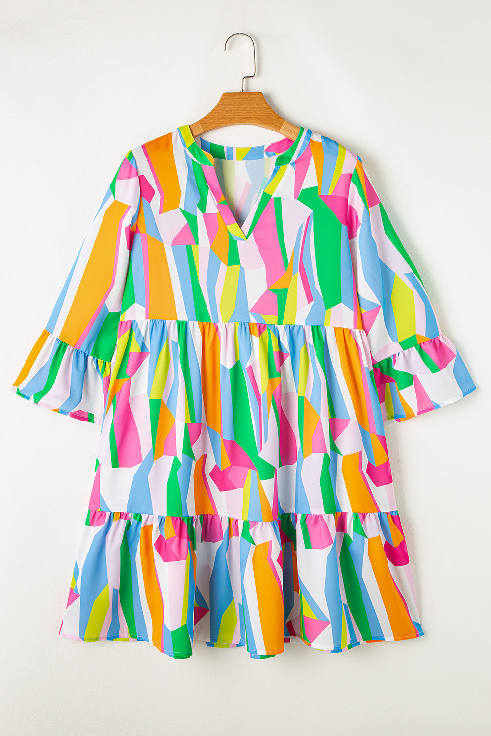 Green Abstract Print Ruffled Sleeve V Neck Dress Mini Dresses JT's Designer Fashion