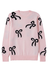 Light Pink Bow Pattern Knitted Loose Fit Sweater Sweaters JT's Designer Fashion