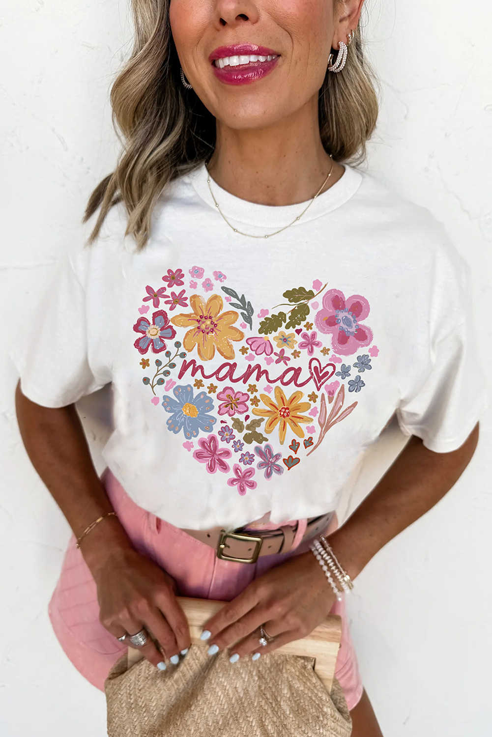White MAMA Flower Heart Cotton Blend Graphic Tee Graphic Tees JT's Designer Fashion