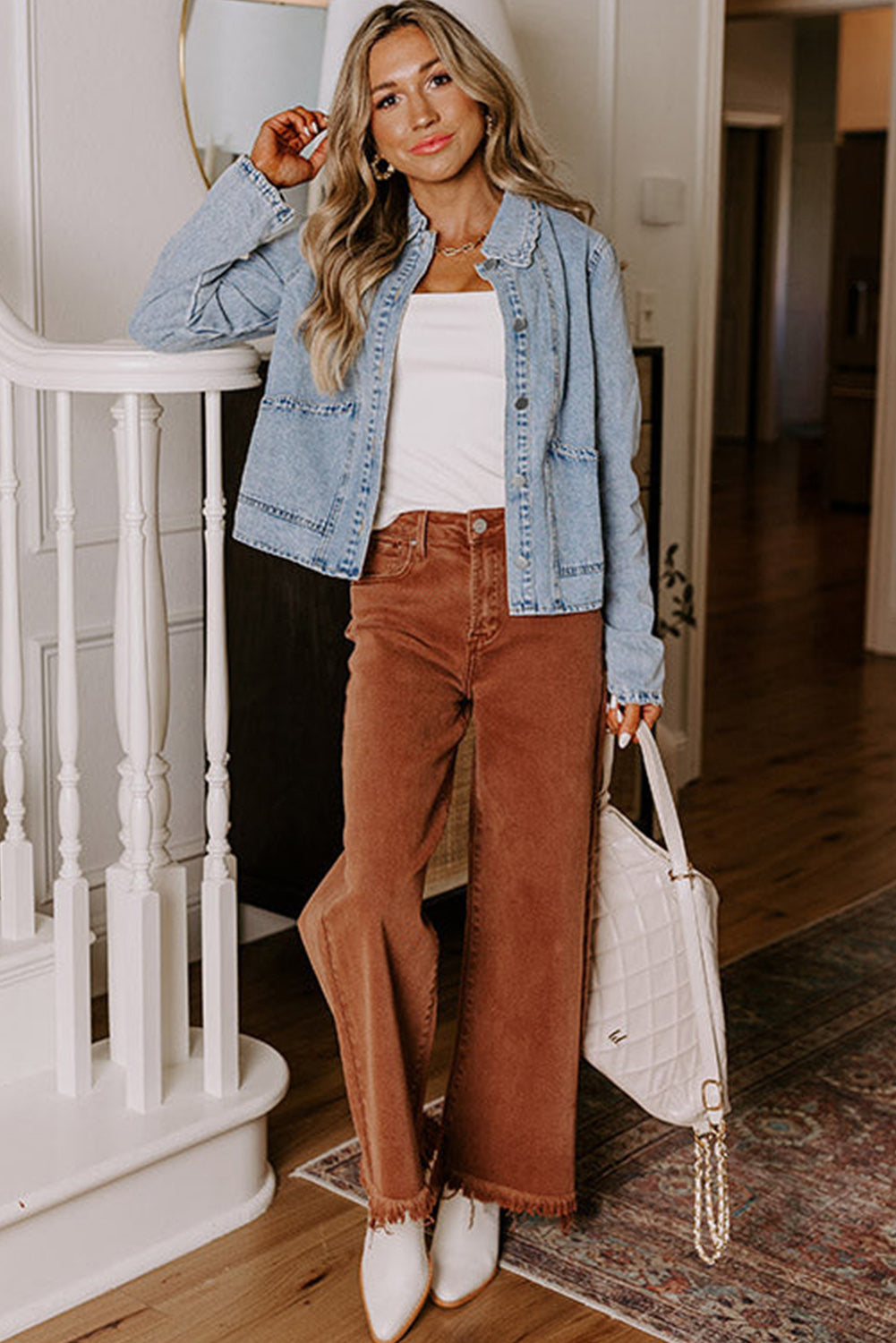 Myosotis Scallop Trim Collar Patched Pocket Button Up Denim Jacket Denim Jackets JT's Designer Fashion