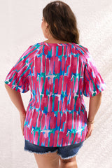 Rose Plus Brushstroke Ruffle Sleeve Button V Neck Blouse Plus Size JT's Designer Fashion
