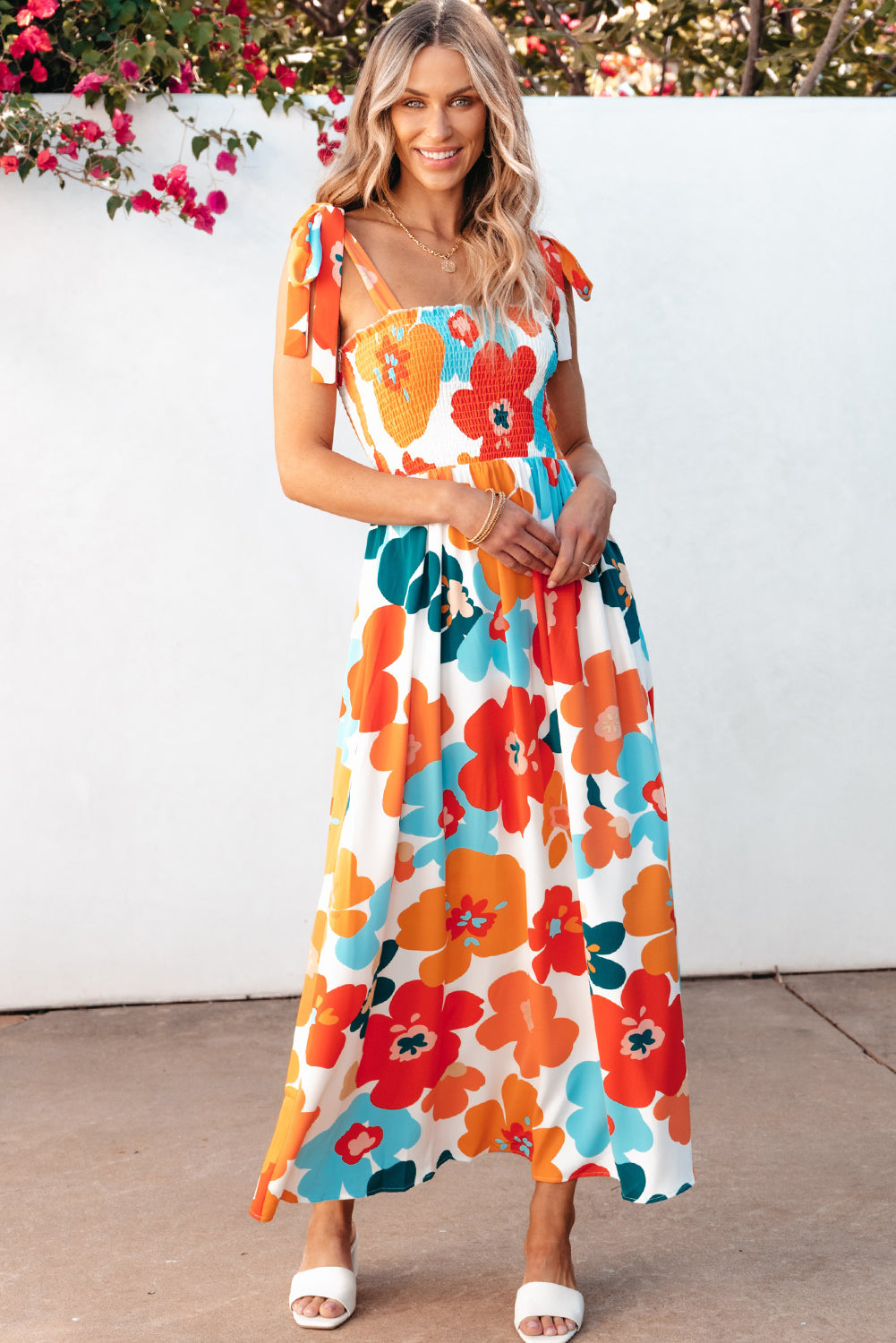 Orange Floral Self Tied Straps Smocked Bust Maxi Dress Floral Dresses JT's Designer Fashion