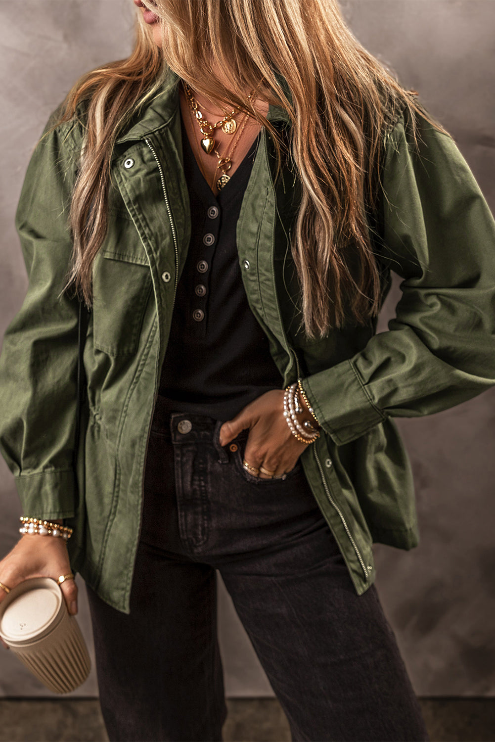 Moss Green Snap Button Zipper Tight Waist Collared Jacket Jackets JT's Designer Fashion