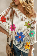 White Big Flower Crochet Loose Sweater T Shirt Sweaters & Cardigans JT's Designer Fashion