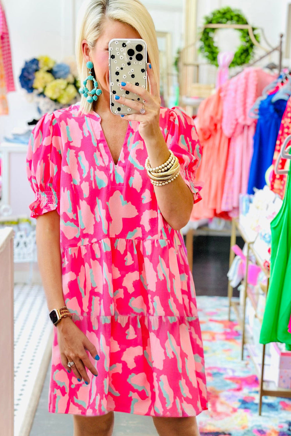 Pink Abstract Printed V Neck Loose Dress Dresses JT's Designer Fashion