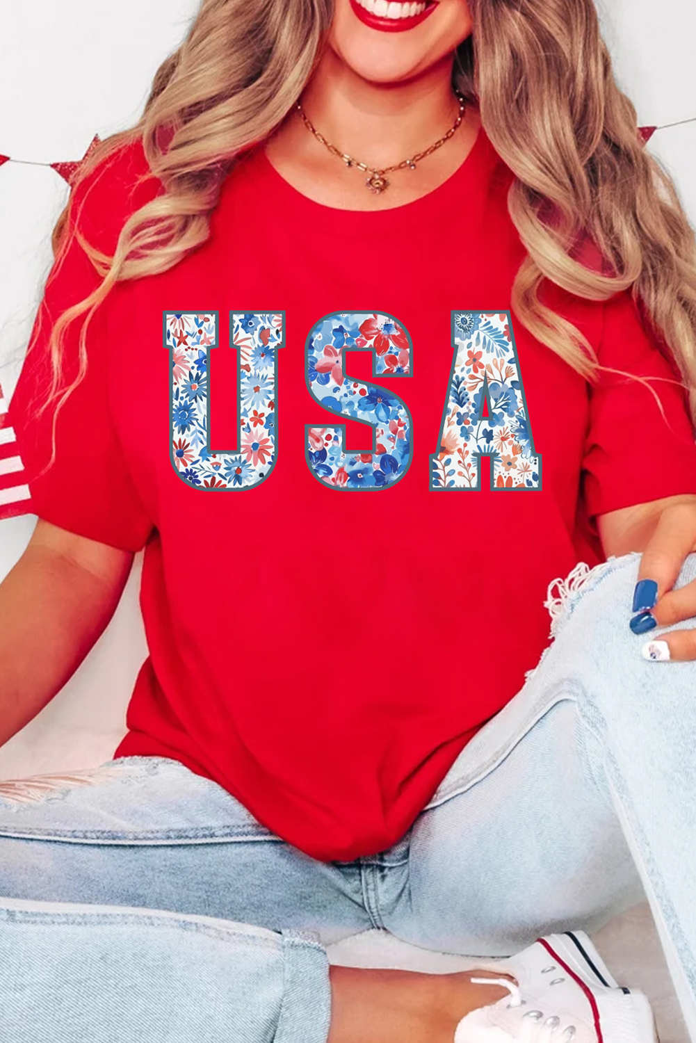 Red Floral USA Graphic Cuffed Sleeve Crew Neck Tee Graphic Tees JT's Designer Fashion