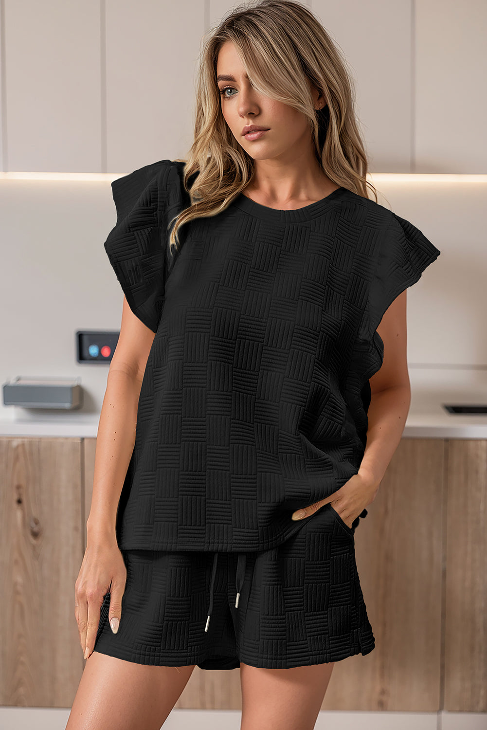 Black Textured Ruffled Sleeve Tee and Drawstring Elastic Waistband Shorts Set Short Sets JT's Designer Fashion