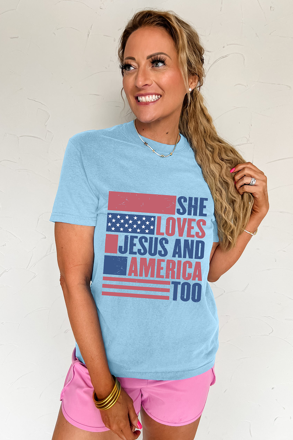 Light Blue SHE LOVES JESUS AND AMERICA TOO Flag Graphic T Shirt Graphic Tees JT's Designer Fashion