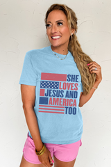 Light Blue SHE LOVES JESUS AND AMERICA TOO Flag Graphic T Shirt Graphic Tees JT's Designer Fashion