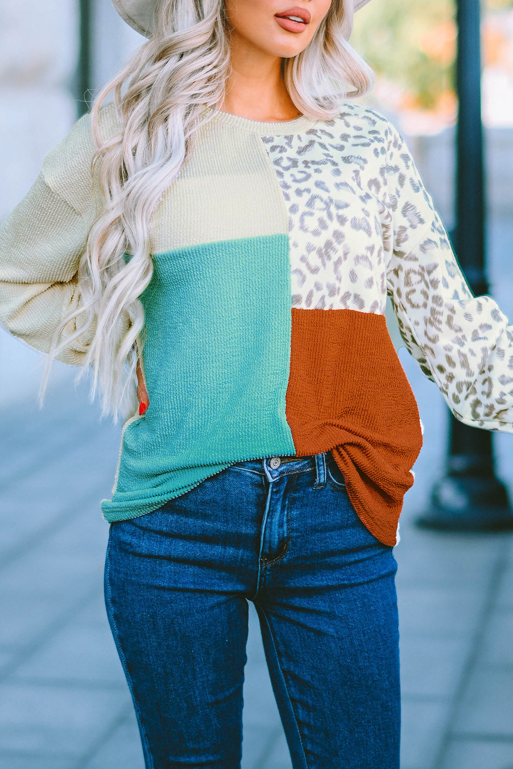 Leopard Patchwork Color Block Ribbed Long Sleeve Top Long Sleeve Tops JT's Designer Fashion