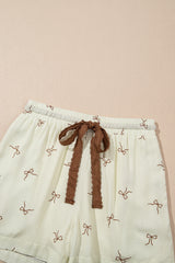 White Bow Print Lace Drawstring Casual Shorts Casual Shorts JT's Designer Fashion