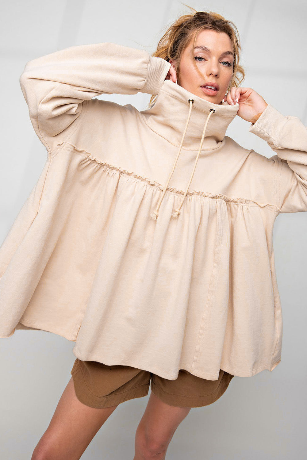 Beige Frill Exposed Seam Cowl Neck Oversized Sweatshirt Sweatshirts & Hoodies JT's Designer Fashion