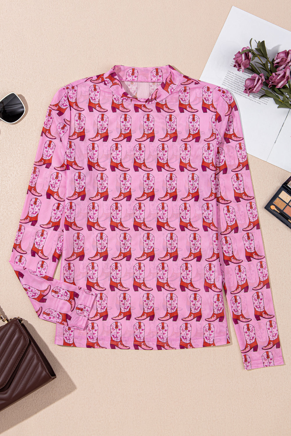 Pink Cowgirl Boots Printed Mock Neck Long Sleeve Mesh Top Long Sleeve Tops JT's Designer Fashion