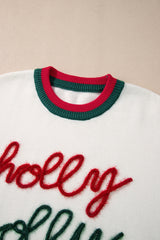 White Tinsel holly jolly Pattern Colorblock Edge Drop Shoulder Plus Size Sweater Plus Size Sweaters & Cardigans JT's Designer Fashion