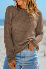 Dark Brown Waffle Knit Drop Shoulder Long Sleeve Top Long Sleeve Tops JT's Designer Fashion