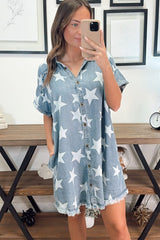 Sky Blue Star Print Frayed Buttoned Shift Denim Mini Dress Dresses JT's Designer Fashion