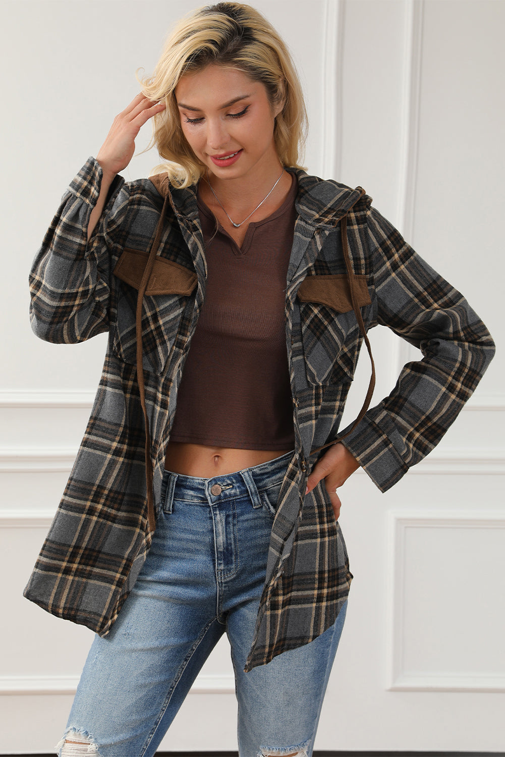 Contrast Hooded Drawstring Plaid Shacket Plaid Shackets JT's Designer Fashion
