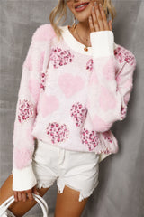 Pink Heart Leopard Print Pearled Ribbed Trim Fuzzy Sweater Sweaters JT's Designer Fashion