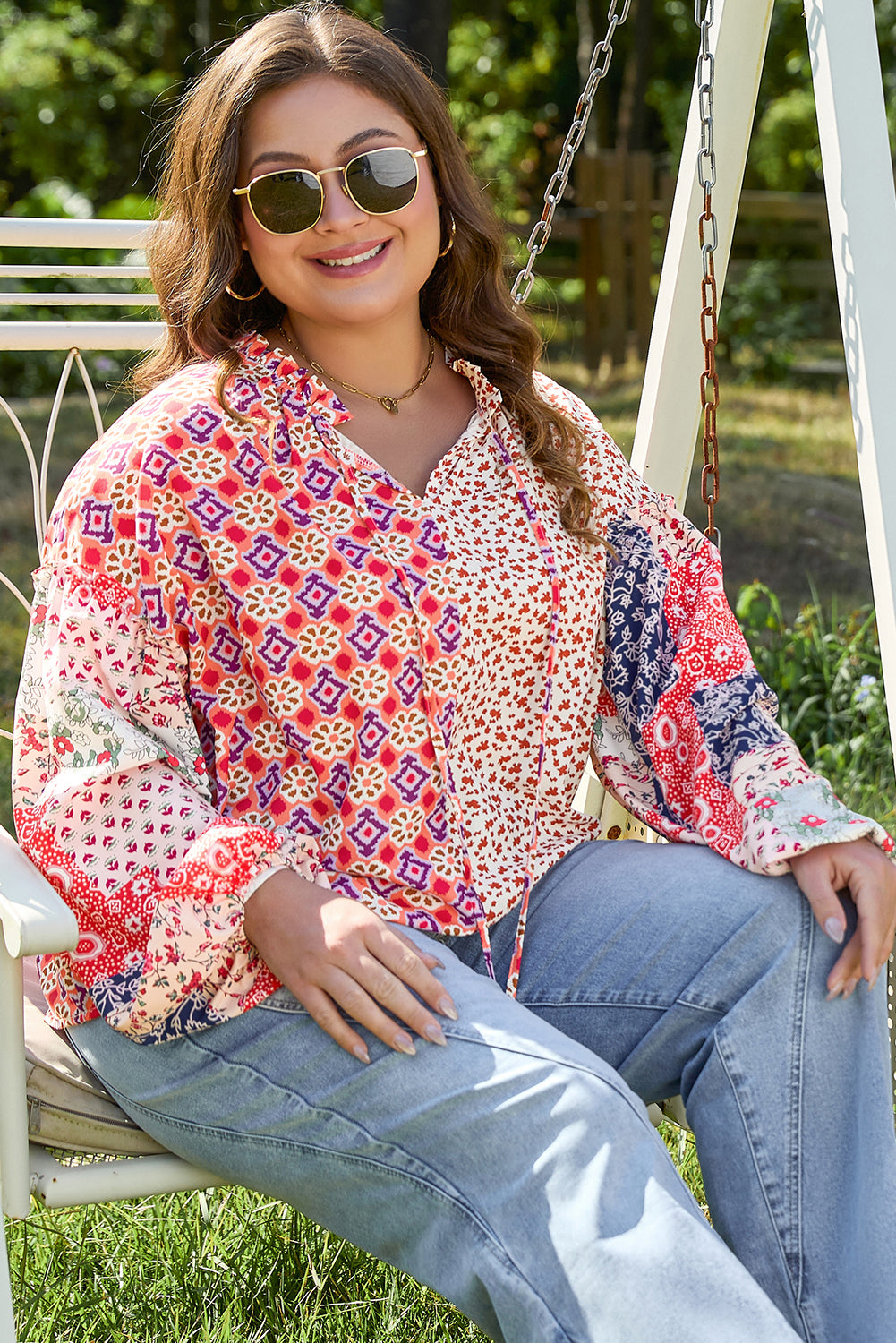 Orange Floral Geometric Patchwork Lace-up V-neck Plus Size Blouse Plus Size Blouses & Shirts JT's Designer Fashion
