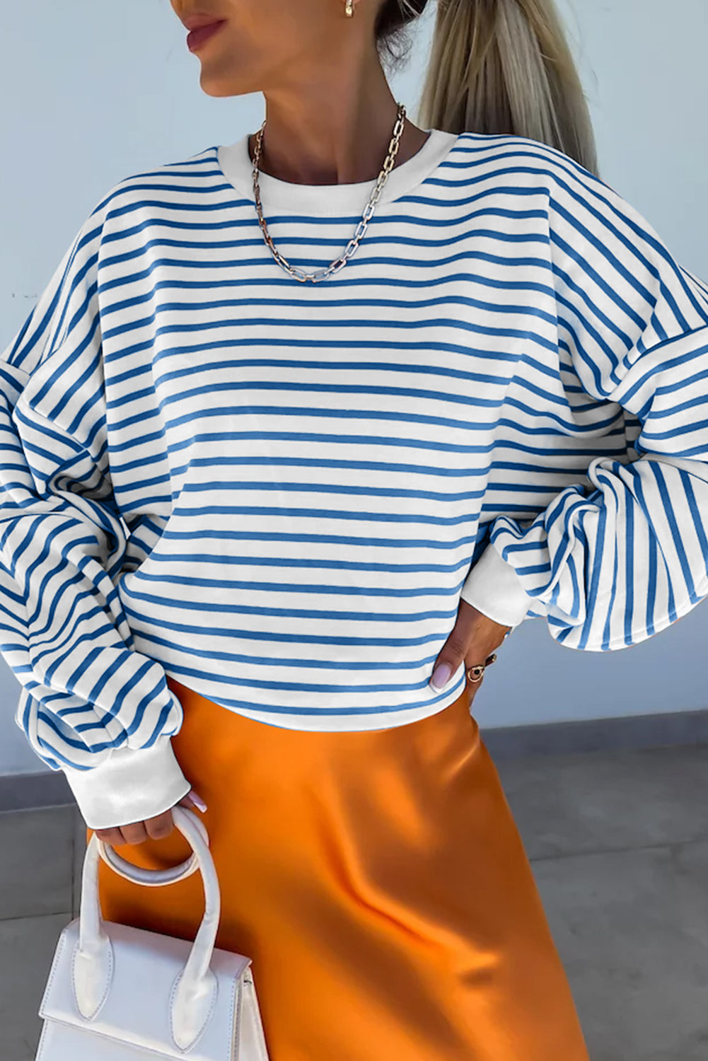 Blue Stripe Drop Shoulder Crew Neck Loose Sweatshirt Sweatshirts & Hoodies JT's Designer Fashion