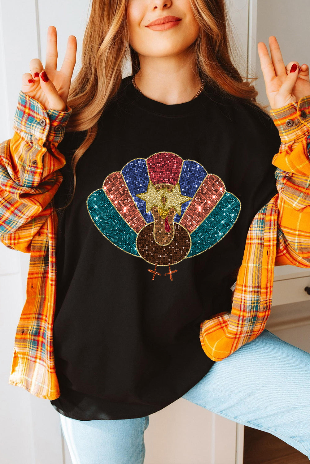 Black Glitter Turkey Graphic Thanksgiving T Shirt Graphic Tees JT's Designer Fashion