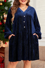 Navy Blue Plus Size Textured Velvet Tiered Button V Neck Dress Plus Size Mini Dresses JT's Designer Fashion