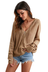 Khaki Zipper V-neck Dropped Sleeve Hooded Solid Sweater Sweaters & Cardigans JT's Designer Fashion