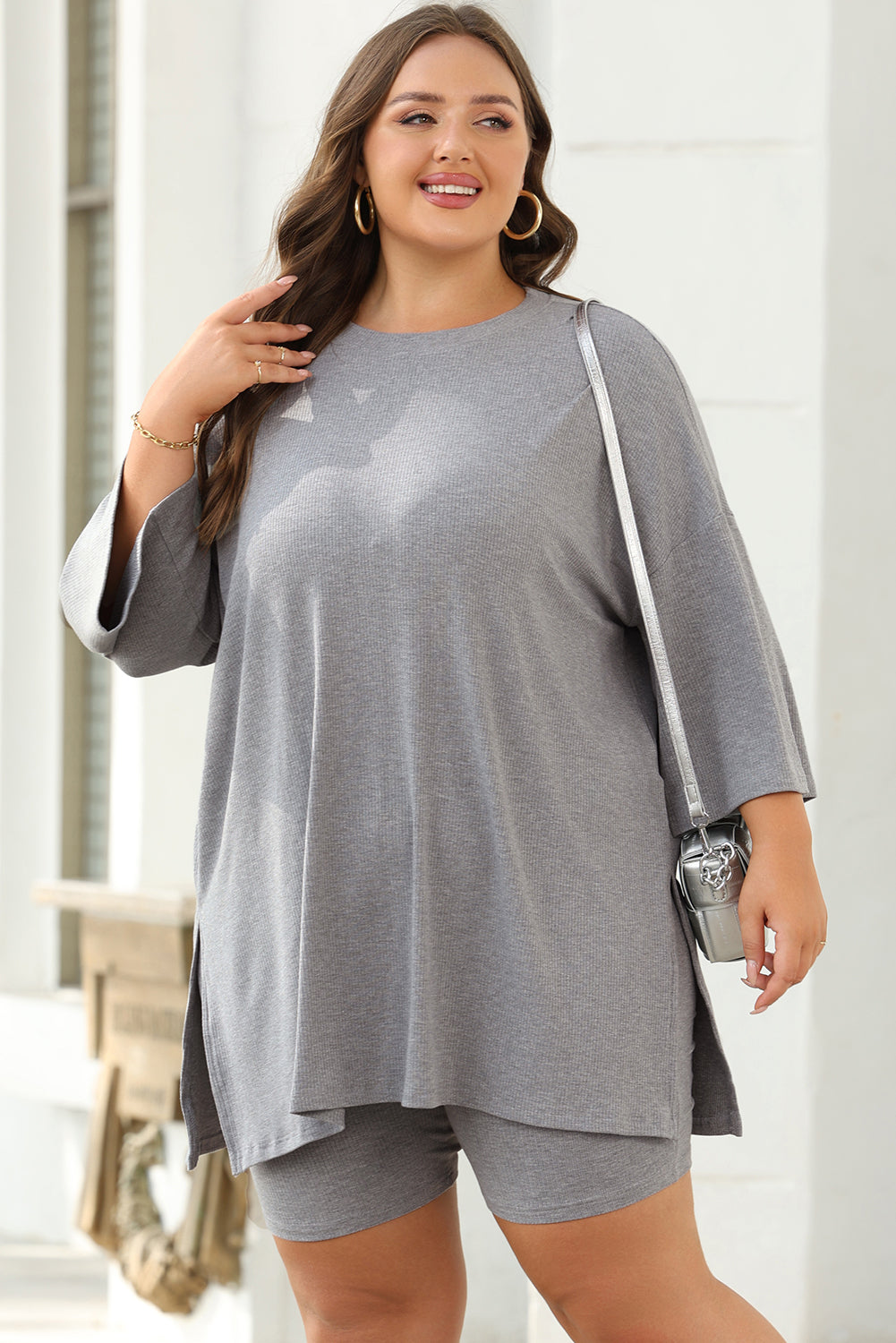 Light Grey Solid Color Loose Tunic Top and Slim Shorts Set Short Sets JT's Designer Fashion
