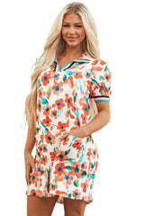 Orange Contrast Trim Floral Split Neck Puff Short Sleeve Tiered Mini Dress Floral Dresses JT's Designer Fashion