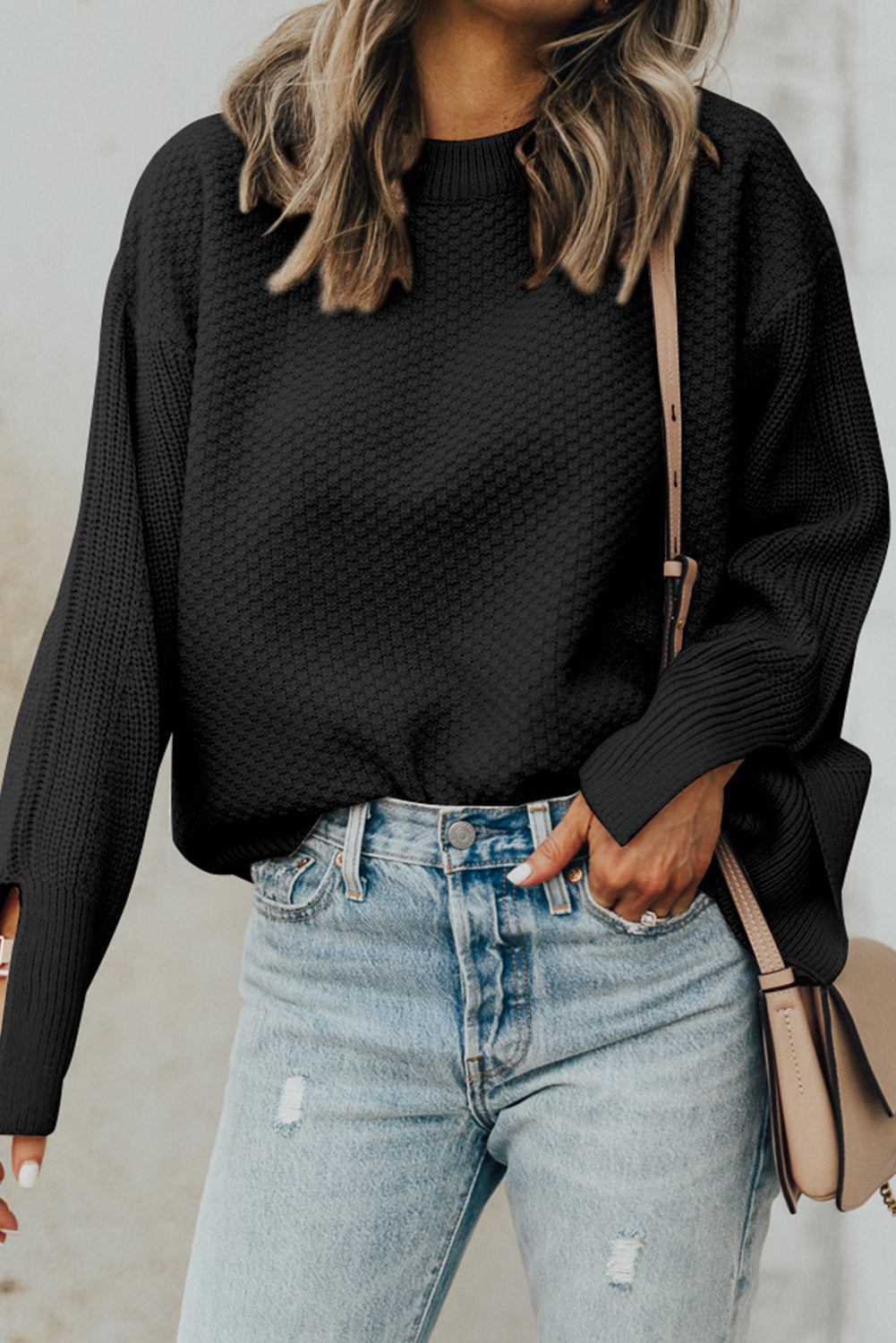 Black Solid Textured Knit Split Cuff Drop Shoulder Loose Sweater Sweaters JT's Designer Fashion