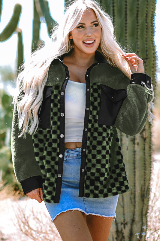 Vineyard Green Fleece Checkerboard Flap Pocket Snap Button Jacket Vineyard Green 100%Polyester Jackets JT's Designer Fashion