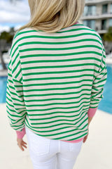 Bright Green Striped Contrast Edge Long Sleeve Top Long Sleeve Tops JT's Designer Fashion