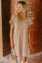 Khaki Abstract Print V Neck Short Sleeve Shift T Shirt Dress T Shirt Dresses JT's Designer Fashion