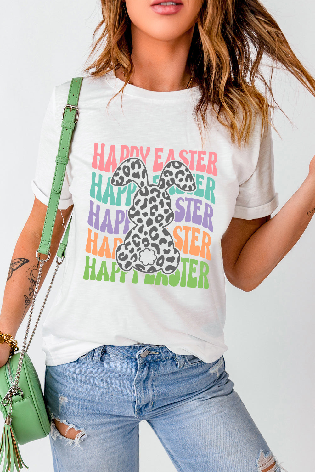White Happy Easter Rabbit Print Crew Neck T Shirt Graphic Tees JT's Designer Fashion