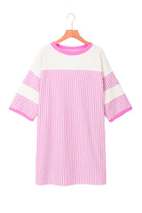 Phalaenopsis Striped Patchwork Three Quarters Sleeve Loose Mini Dress Mini Dresses JT's Designer Fashion