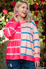 Rose Stripe Color Block Crewneck Long Sleeve Plus Size T Shirt Rose Stripe (US 22W-24W)3X 95%Polyester+5%Elastane Plus Size Long Sleeve Tops JT's Designer Fashion