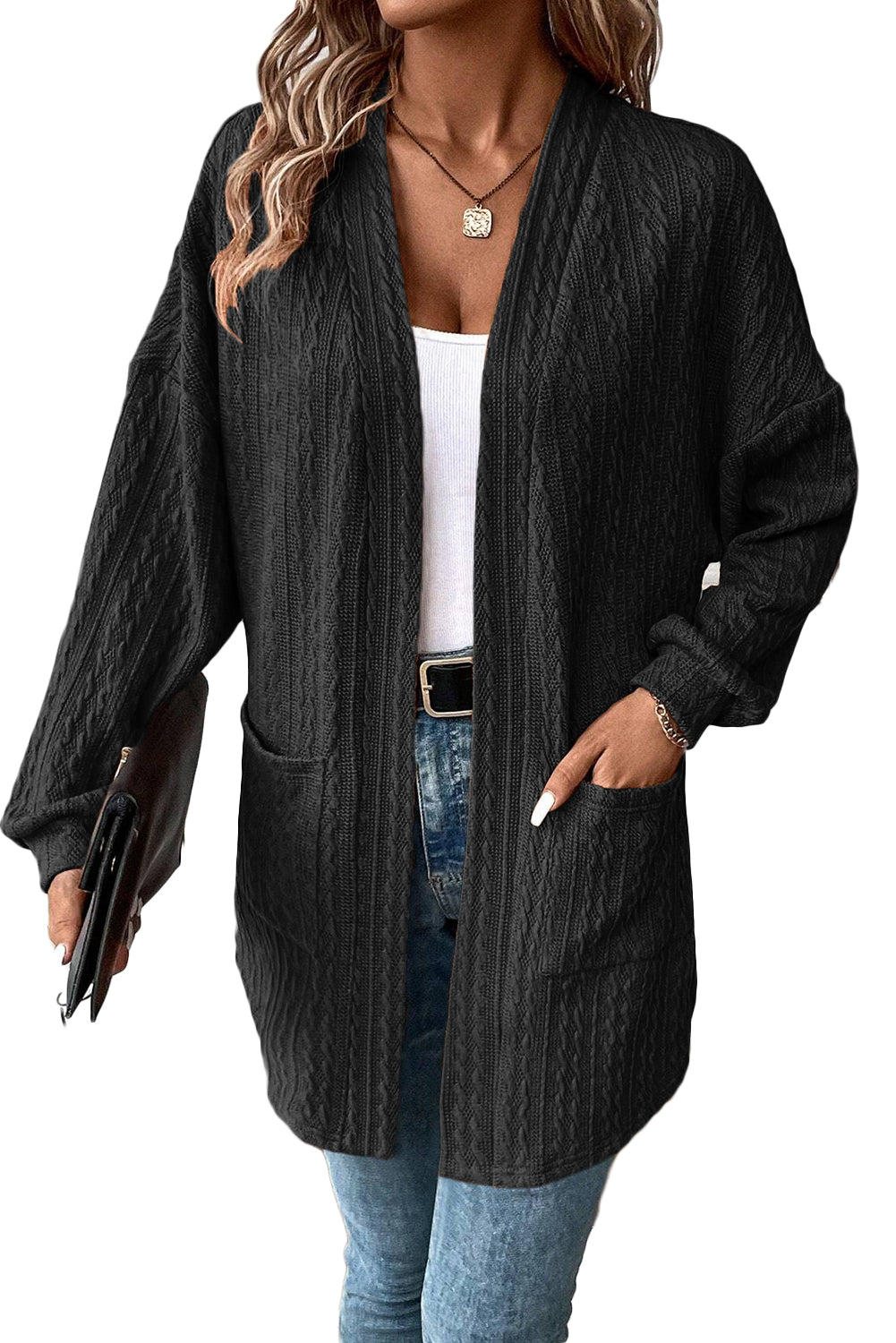 Black Textured Knit Side Pockets Open Front Cardigan Cardigans JT's Designer Fashion