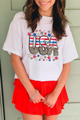 White Patriotic Star Leopard USA Letter Graphic T Shirt Graphic Tees JT's Designer Fashion