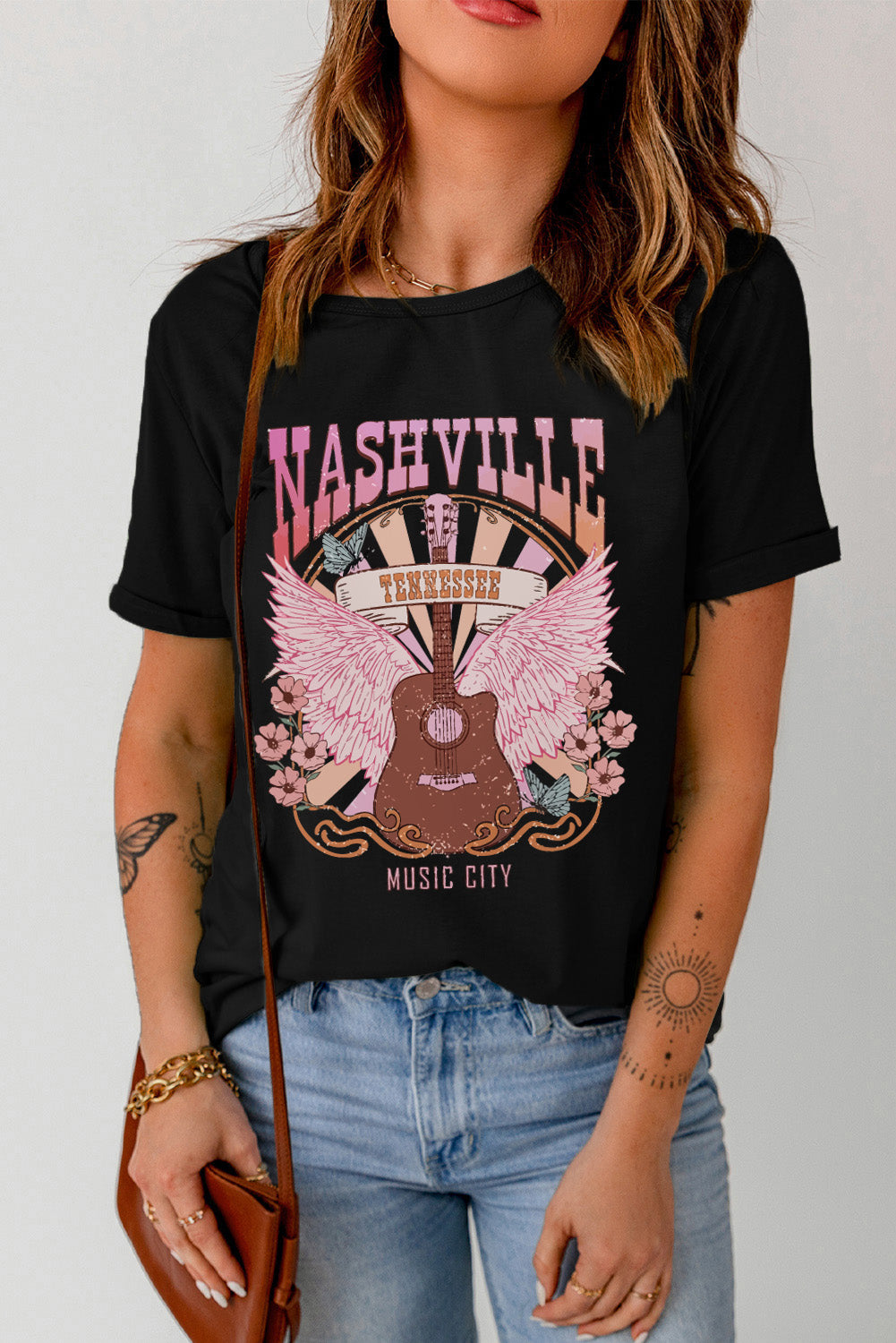 Black NASHVILLE Music City Graphic Print Short Sleeve Top Graphic Tees JT's Designer Fashion