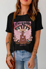 Black NASHVILLE Music City Graphic Print Short Sleeve Top Graphic Tees JT's Designer Fashion