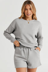 Gray Textured Long Sleeve Top and Drawstring Shorts Set Short Sets JT's Designer Fashion