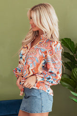 Orange Floral Print Shirred Cuff Buttoned Loose Shirt Blouses & Shirts JT's Designer Fashion
