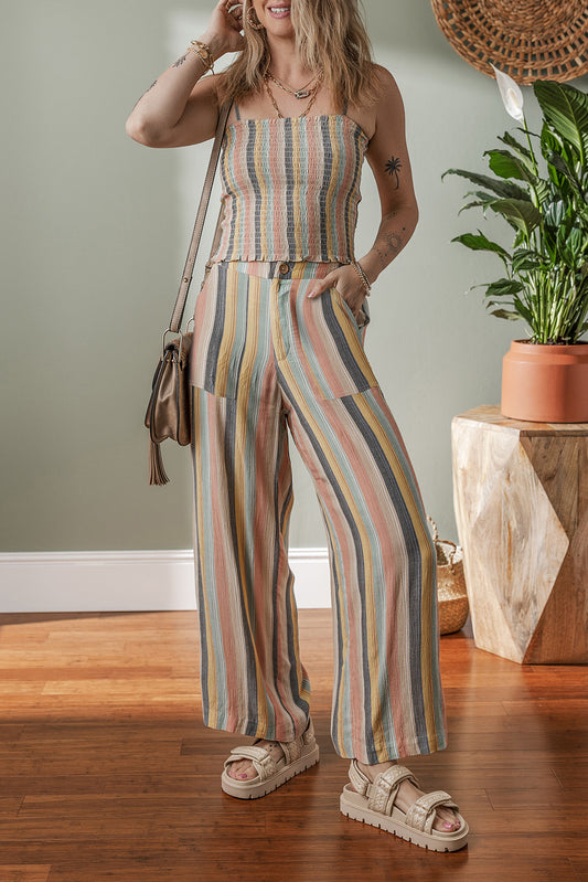 Multicolour Vertical Striped Smocked Cami Top Wide Leg Pants Set Pant Sets JT's Designer Fashion