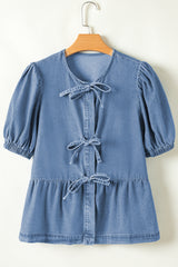 Dusk Blue Tied Front Bubble Sleeve Peplum Denim Shirt Blouses & Shirts JT's Designer Fashion