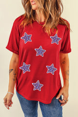 Red July 4th Fashion Sequin Star Graphic T Shirt Graphic Tees JT's Designer Fashion