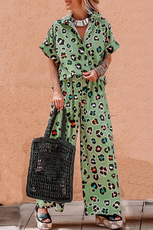 Green Leopard Print Short Sleeve Shirt and Wide Leg Pants Set Pant Sets JT's Designer Fashion
