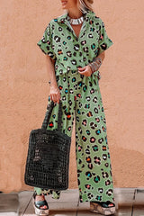 Green Leopard Print Short Sleeve Shirt and Wide Leg Pants Set Pant Sets JT's Designer Fashion