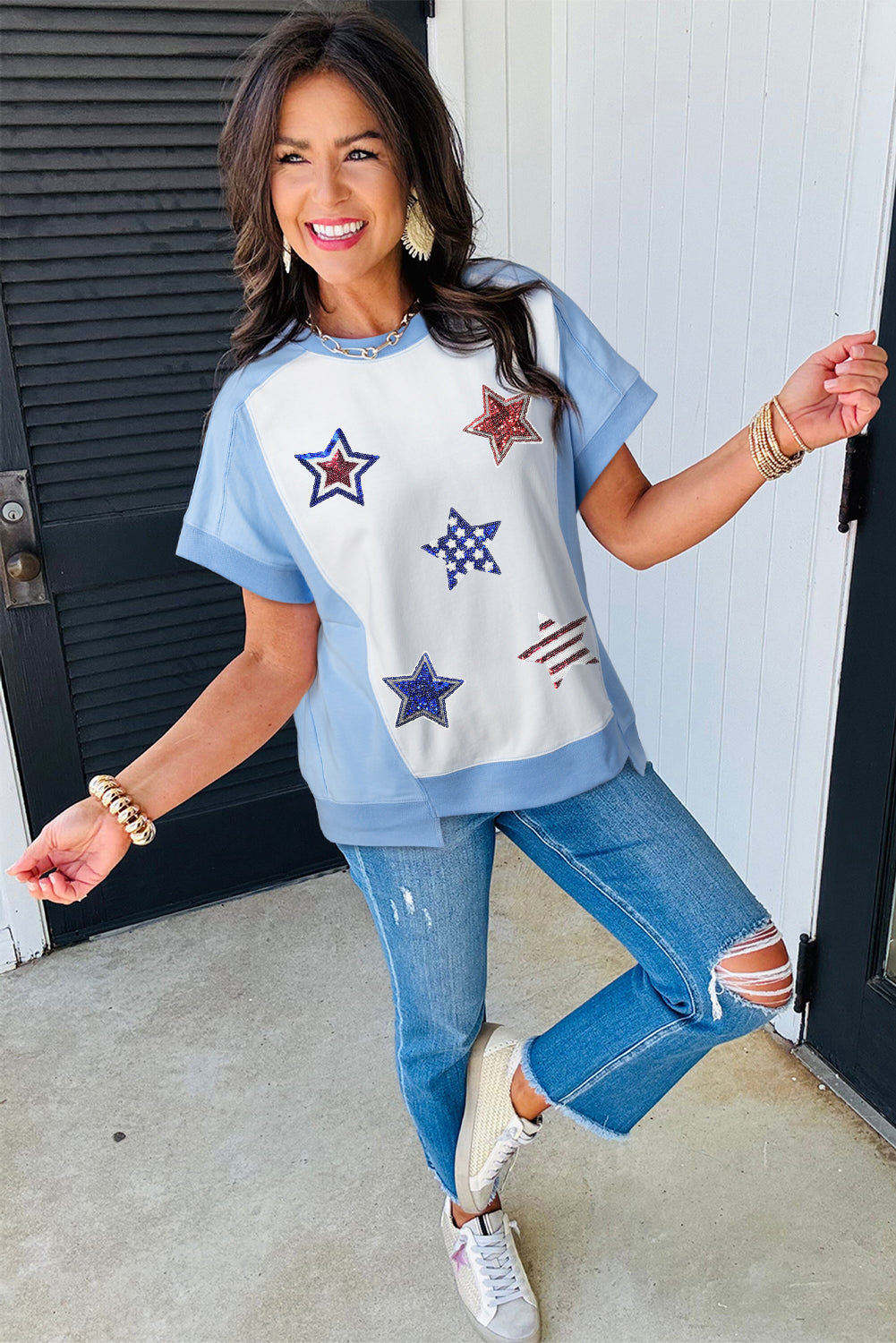 Sky Blue Patriotic Star Patched Colorblock T Shirt Graphic Tees JT's Designer Fashion