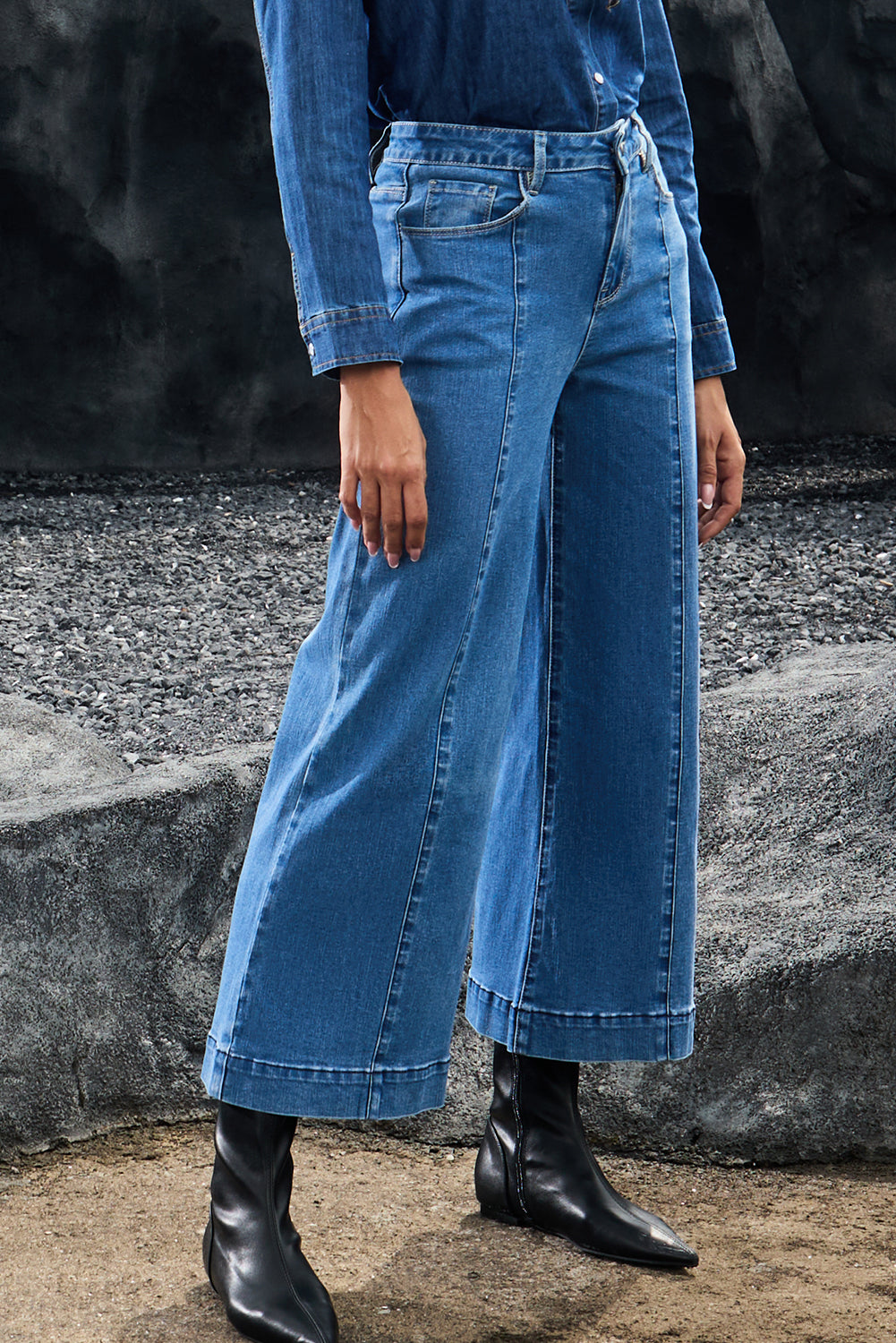 Dark Blue Plain Seam Detail Flared Bottom Ankle Length Jeans Jeans JT's Designer Fashion
