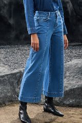 Dark Blue Plain Seam Detail Flared Bottom Ankle Length Jeans Jeans JT's Designer Fashion